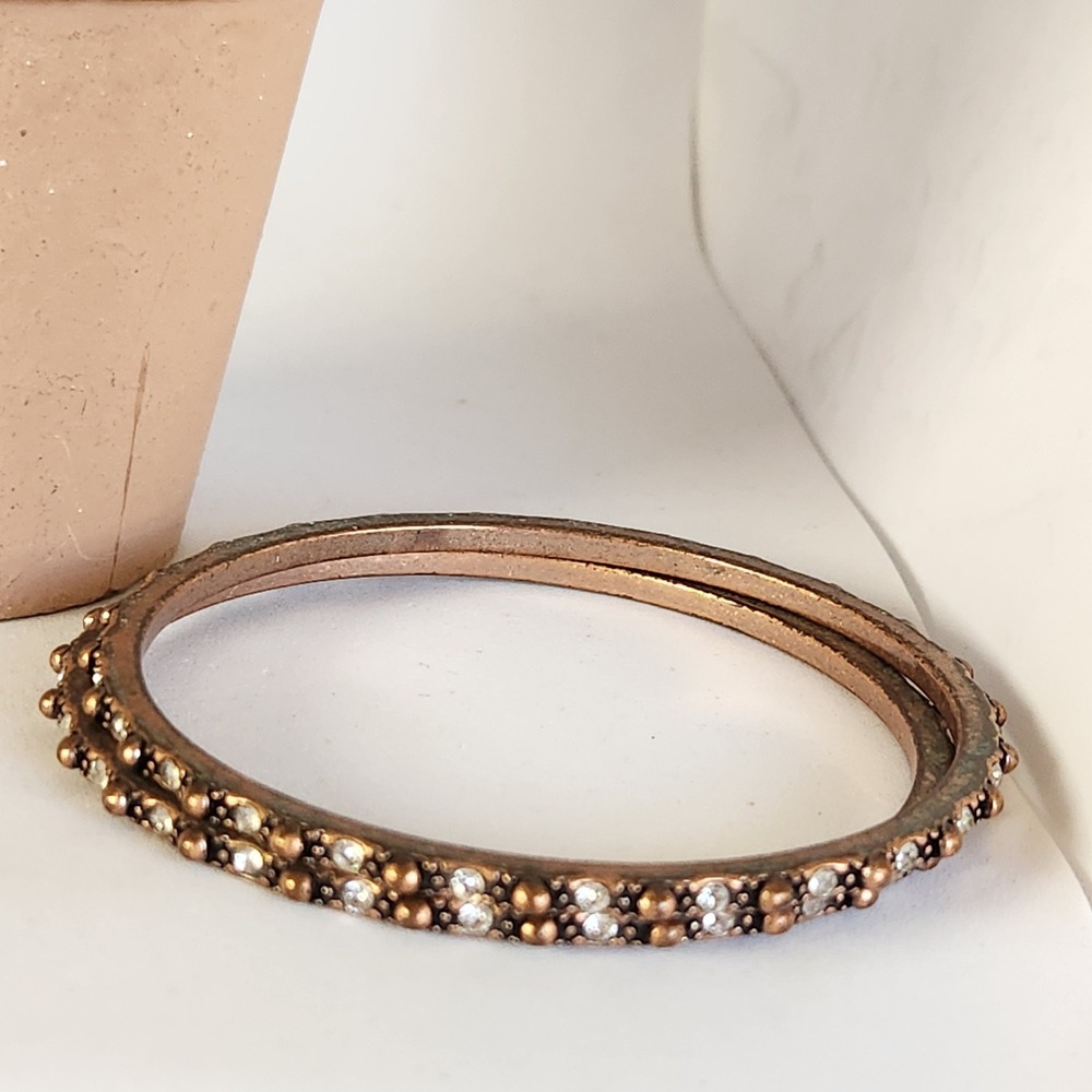 Vintage Style Copper Tone Rhinestone Bangle Bracelet Set of 2 Bohemian Inner 2.5 - Picture 3 of 6